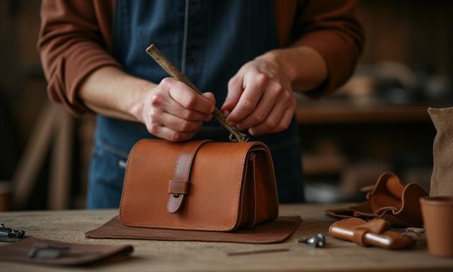 職人が本革バッグを手作りしている様子（築地の自社工房）